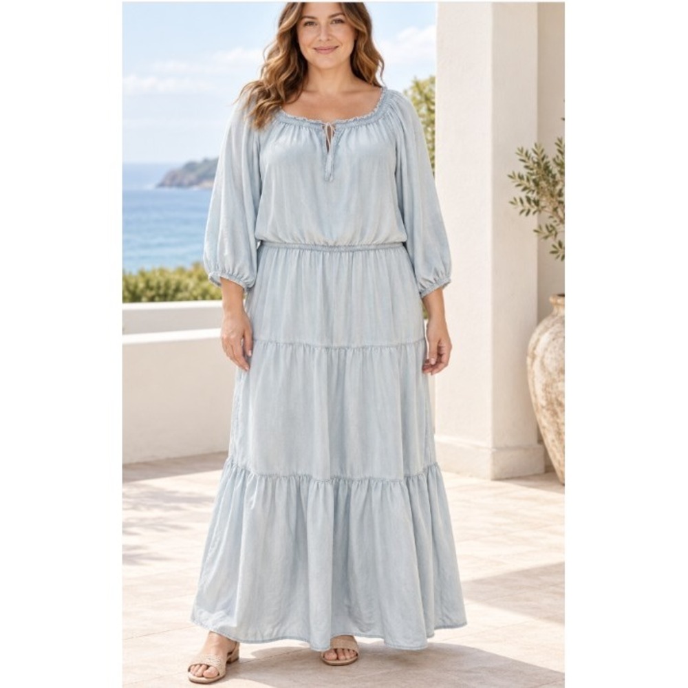 Lauren Ralph Lauren Chambray Tiered Dress Womens 16 Light Blue Western Prairie